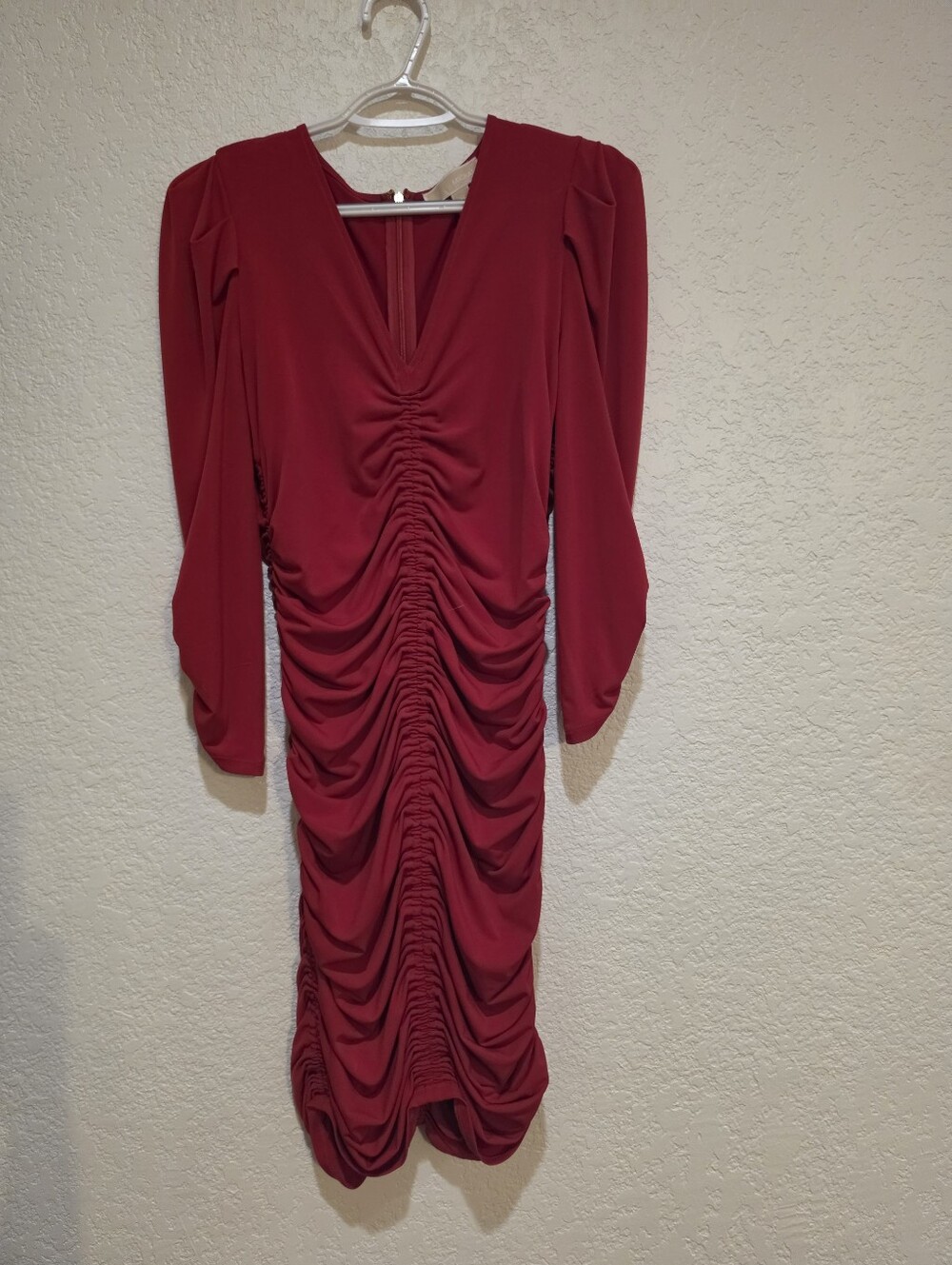 MICHAEL Michael Kors Red Ruched V-Neck Long Sleeve Dress